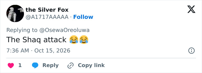 Social media comment calling Shaquille O'Neal's workout The Shaq attack laughing emojis Social media comment calling Shaquille O'Neal's workout The Shaq attack laughing emojis