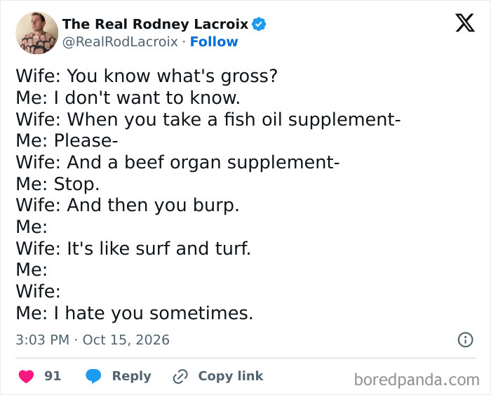 One of the hilarious tweets about a gross burp comparison between fish oil and beef organ supplements