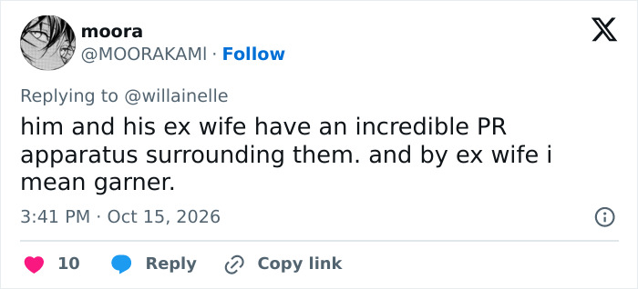 Tweet mentioning PR around Ben Affleck and his ex-wife related to his history with women