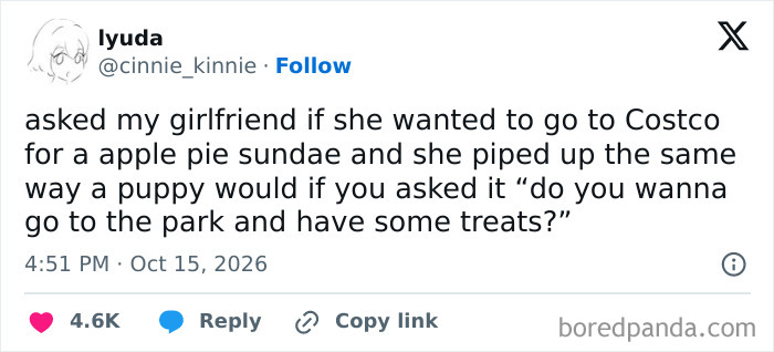 Hilarious tweet about asking a girlfriend to go to Costco for an apple pie sundae like offering treats to a puppy.