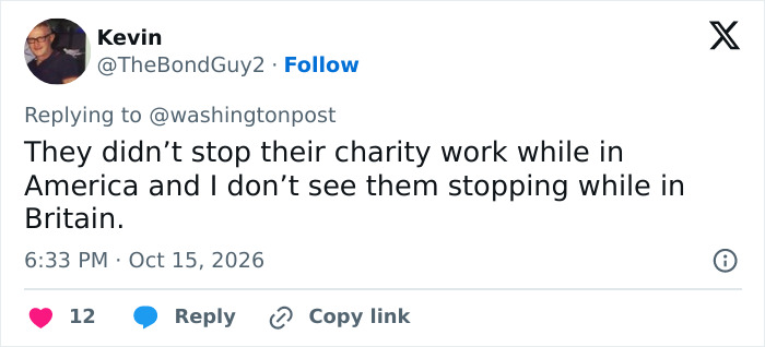 A tweet defending Meghan Markle's food bank visit and charity work in America and Britain.