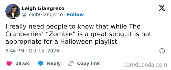 A post explaining why the song Zombie shouldn't be on a playlist, included in Halloween Tweets.