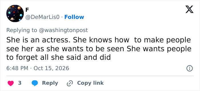 A social media post calling Meghan Markle an actress who controls her image after her food bank visit.