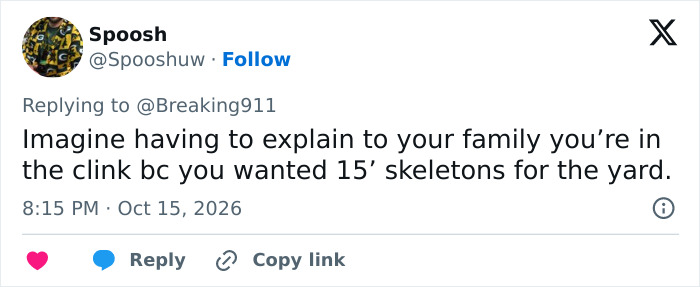 Tweet about being in jail for Halloween skeletons Tweet about being in jail for Halloween skeletons