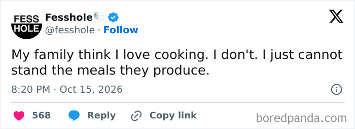 Anonymous confessions text about someone who cooks only to avoid their family's bad food.