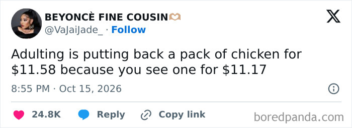 Hilarious tweets post about saving money on chicken while adulting