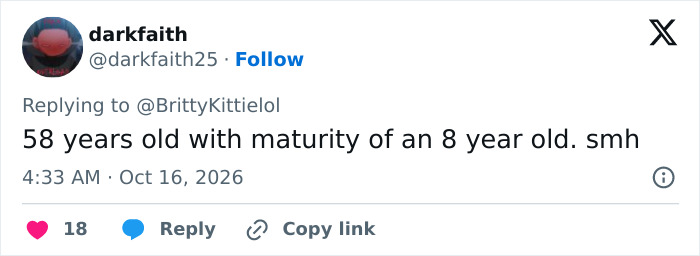 Twitter reply criticizing 58 years old MAGA influencer's maturity level