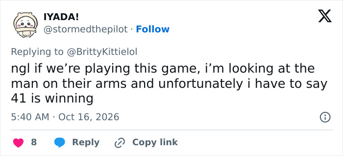 Twitter reply comparing man on 58 years old MAGA influencer's arms to 41