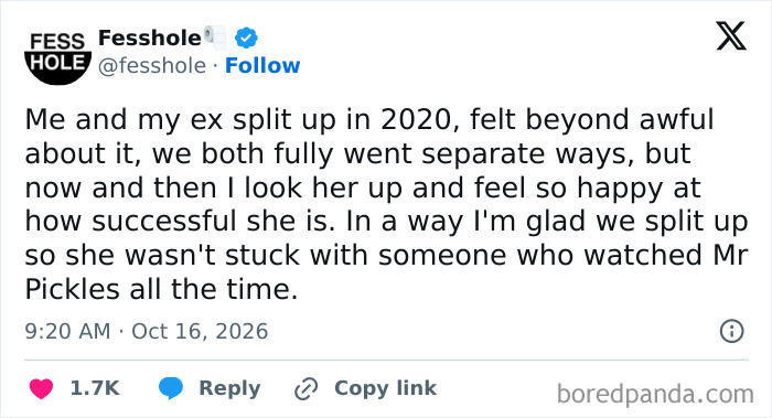 Anonymous confessions tweet about feeling happy for an ex-partner's success after splitting up.