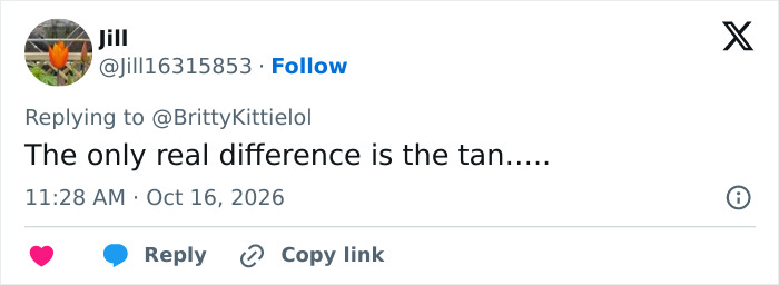 Twitter reply joking about tan difference on 58 years old MAGA influencer