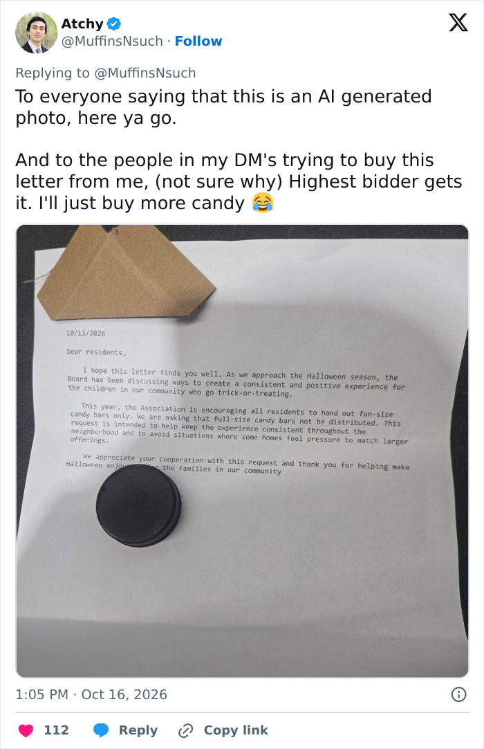 A social media post featuring a printed letter about HOA Halloween Candy regulations. A social media post featuring a printed letter about HOA Halloween Candy regulations.