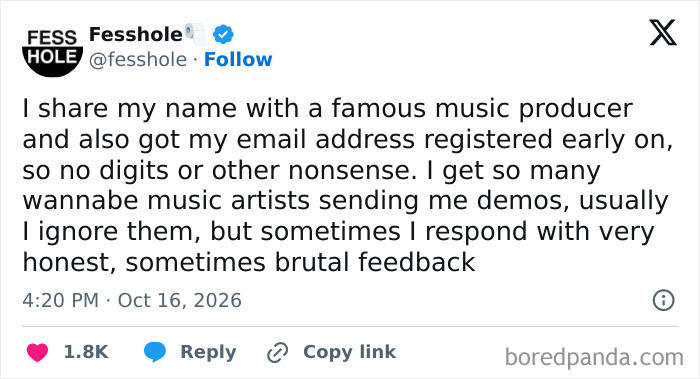 A screenshot of a social media post featuring anonymous confessions about receiving music demos mistakenly.