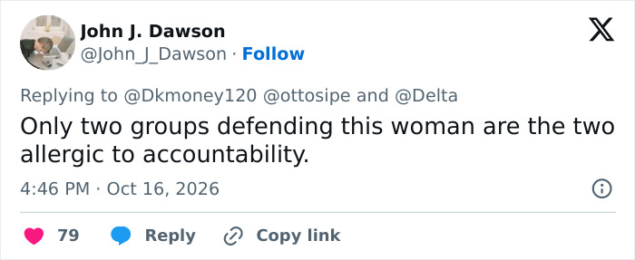 Tweet about accountability defenses in viral flight space invasion incident Tweet about accountability defenses in viral flight space invasion incident