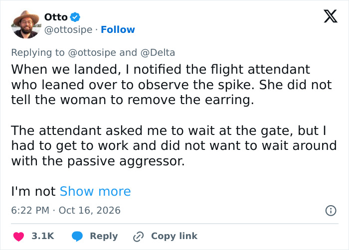 Tweet about notifying flight attendant of passenger's spike earring on Delta flight Tweet about notifying flight attendant of passenger's spike earring on Delta flight