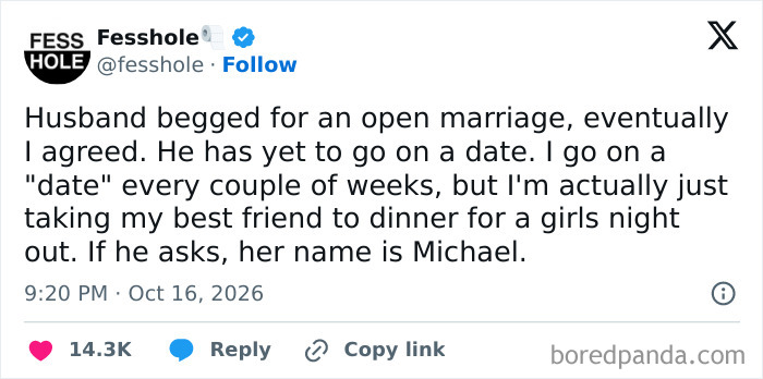 A screenshot of anonymous confessions about an open marriage secret on social media.