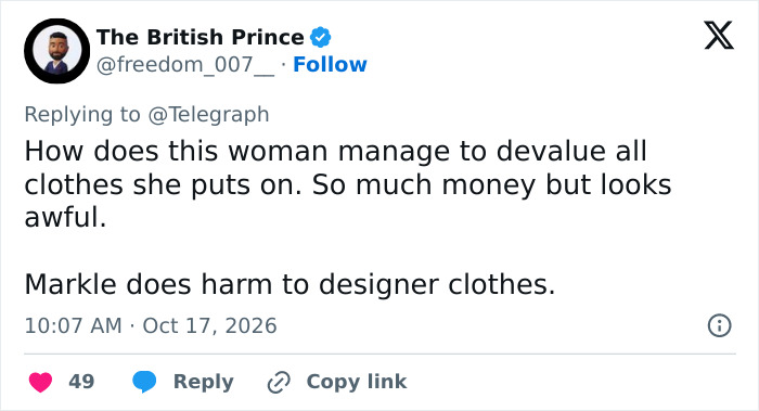 A social media post criticizing Meghan Markle's outfit choices following her food bank visit.