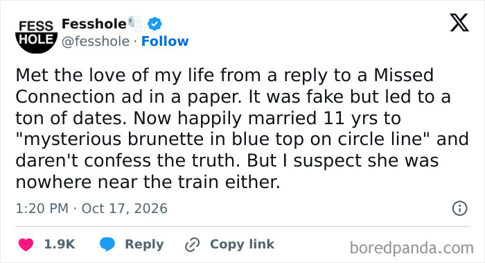 A social media post with anonymous confessions regarding a fake missed connection ad story.