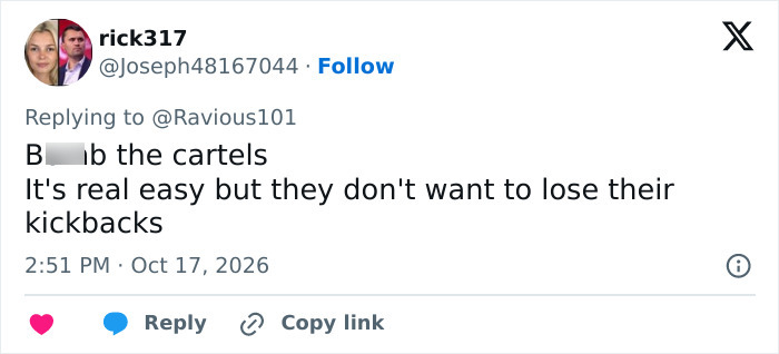 Social media comment discussing d**g cartel violence related to FIT tragedy