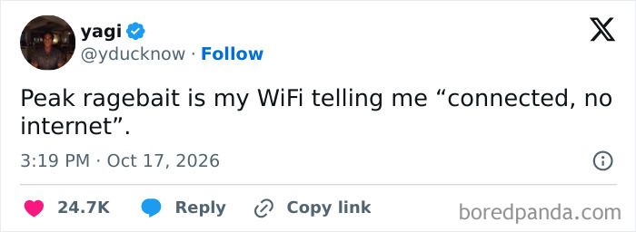 A funny post about Wi-Fi connection frustration, included in a collection of hilarious tweets.
