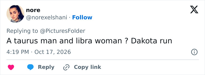 Twitter user comments on astrology and Dakota Johnson's relationship Twitter user comments on astrology and Dakota Johnson's relationship