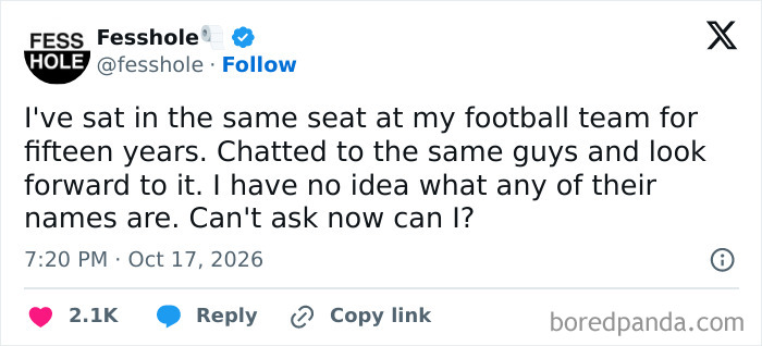 An image showing anonymous confessions about sitting with football fans without knowing their names.