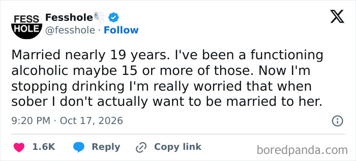 Anonymous confession tweet about sobriety and questioning a long-term marriage.