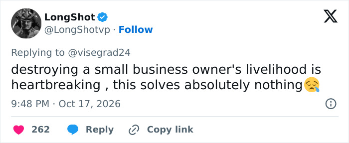 Tweet expressing sadness over destruction of small business during France riots