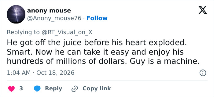 A fan social media comment discussing a Hollywood superstar and his health.