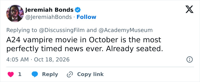Tweet highlighting perfect timing of A24 vampire movie release in October