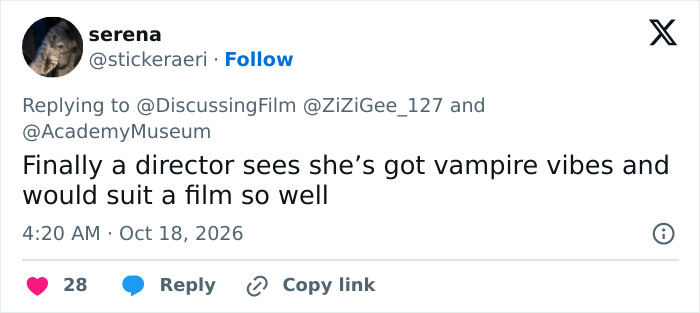Tweet praising director seeing vampire vibes fitting for film
