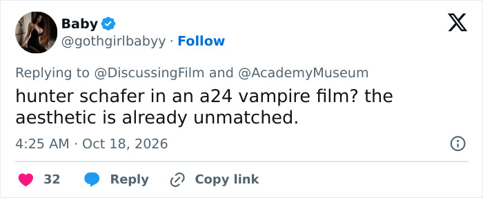 Tweet admiring Hunter Schafer's role in A24 vampire film aesthetic