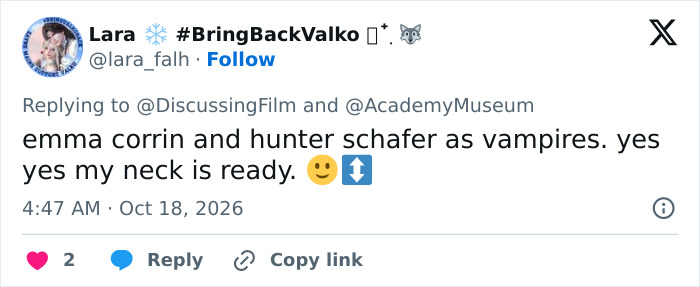 Tweet anticipating Emma Corrin and Hunter Schafer as vampires