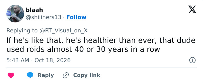 Social media post commenting on the health and physical transformation of a Hollywood superstar.