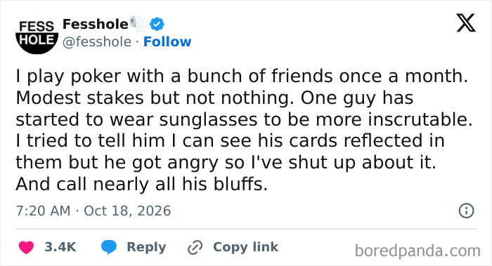 Anonymous confession tweet about seeing poker cards reflected in a friend sunglasses.