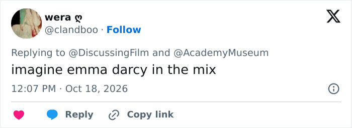Tweet imagining Emma Darcy joining trans actress hormone therapy conversation