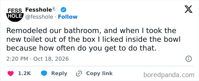 Anonymous confession tweet about licking a brand new toilet bowl after remodeling.