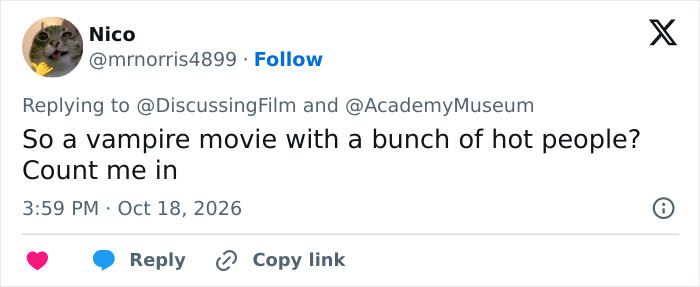 Tweet expressing excitement for a vampire movie with attractive cast