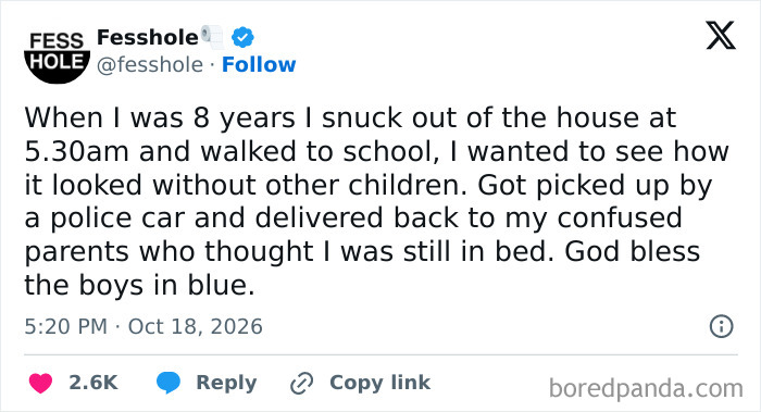 Anonymous confession tweet about sneaking out to school early as an eight year old child.