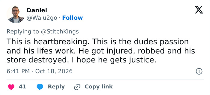 Comment about shopkeeper injured and robbed defending store in France riots