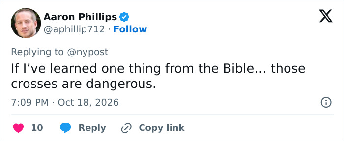 Tweet about crosses being dangerous from the Bible after priest accident