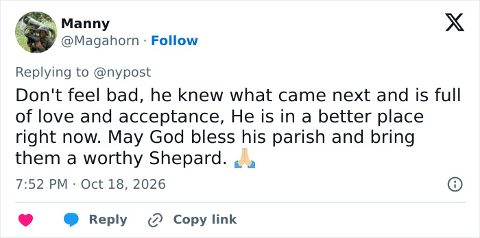 Tweet offering condolences about priest's d***h after massive crucifix accident