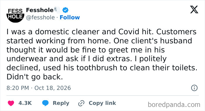 A post with anonymous confessions from a domestic cleaner sharing a wild story about a client