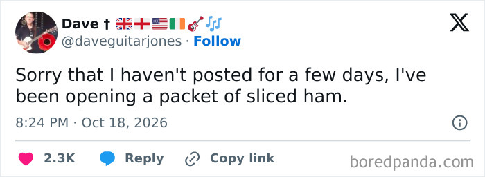 A funny post from a selection of hilarious tweets about spending days opening a packet of sliced ham.