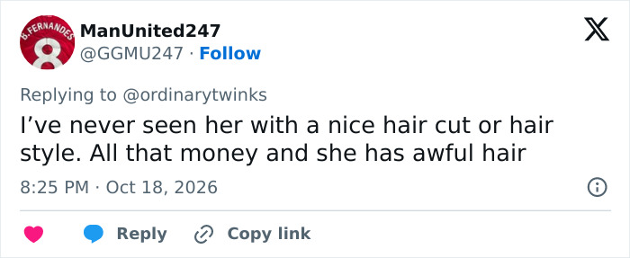 Tweet criticizing Taylor Swift's hairstyle despite her wealth Tweet criticizing Taylor Swift's hairstyle despite her wealth