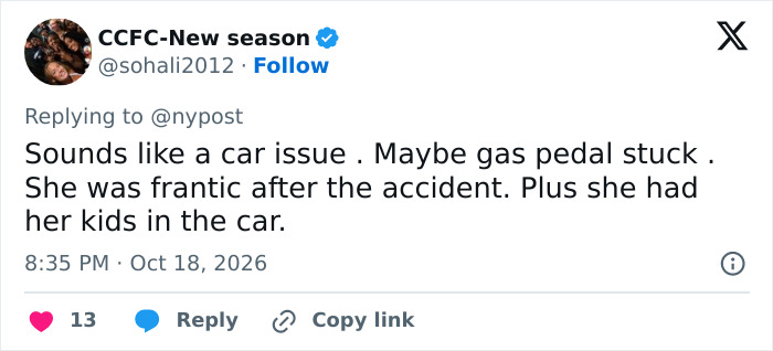 Twitter post discussing car issue and gas pedal stuck causing accident at youth soccer game Twitter post discussing car issue and gas pedal stuck causing accident at youth soccer game