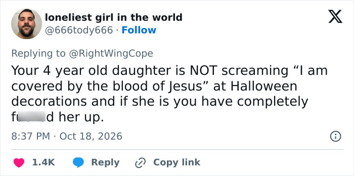 A tweet reacting to a Christian man whose daughter reacts strongly to a neighbor's Halloween decoration.