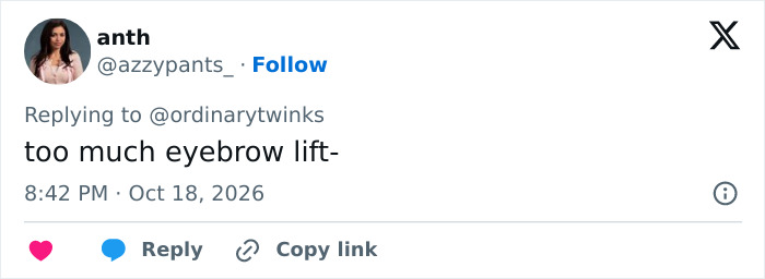 Tweet commenting on too much eyebrow lift in Taylor Swift's transformation Tweet commenting on too much eyebrow lift in Taylor Swift's transformation
