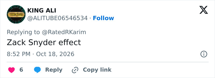 A social media post referencing the Zack Snyder effect regarding an Oscar-Winning Hollywood Star's career slump.