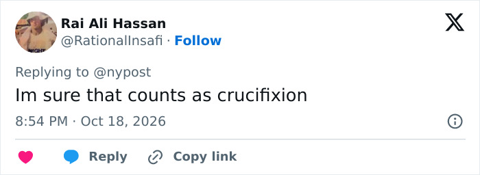 Tweet referencing crucifixion in response to priest incident