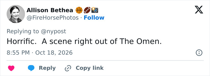 Twitter user calls incident horrific and compares it to The Omen referencing priest and crucifix news